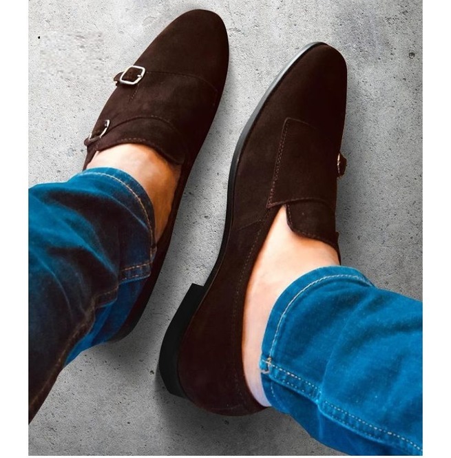 Men Brown Color Formal Double Monk Shoes, Men Classic Suede Dress Shoes 2019