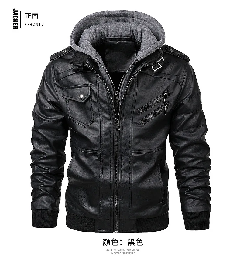 Spliced PU Leather Faux Leather Cardigan Solid Zipper Hooded Men Jackets  - $1,221.87 MXN