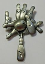 Signed Spoontiques Pewter Bowling Brooch W/Dangling Bowling Pin Charm USA - $13.85