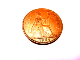 1964 Great Britain One Penny Queen Elizabeth Large Cent England bronze coin - $6.88