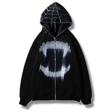 Y2K Rhinestone Cobweb Zip Up Oversized Sweatshirt 2022 Autumn Goth Hoodie Men Wo - £54.50 GBP