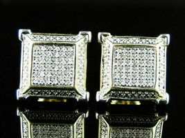 10K Yellow Gold Plated Silver Simulated Diamond Square Stud Earrings Unisex - £85.62 GBP