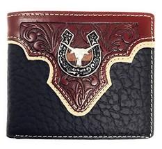 Genuine Leather Floral Tooled Longhorn Horseshoe Concho Mens Short Bifol... - $37.26 CAD