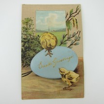 Easter Postcard 2 Yellow Chicks Blue Satin Fabric Egg Gold Lettering Antique - £7.98 GBP