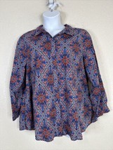 Catherines Womens Plus Size 1 Red/Blue Mosaic Button Up Shirt 3/4 Sleeve - £14.19 GBP