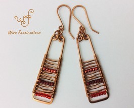 Handmade copper earrings: long rectangles with wire weave and red beads - $36.00