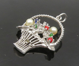925 Silver - Vintage Petite Pearls &amp; Multi-Stone Flower Basket Pendant - PT18920 - £26.09 GBP