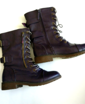 Daily Shoes Leather Combat Boots Eggplant Womens 8 Lace Up Buckle Zipper Pocket - £22.34 GBP