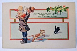 Christmas Postcard Whitney Brown White Dog Chases Black Cat Man With Gifts - £12.61 GBP