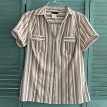 Bay Studio Button Up Collared Shirt ~ Sz M ~ White &amp; Orange ~ Short Sleeve - £16.53 GBP