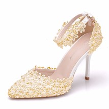 Crystal Queen  White Lace Wedding Shoes With Fine Pointed Bride Pumps Dress High - £41.36 GBP
