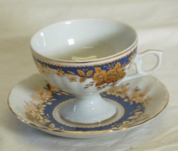 Lefton China Footed Tea Cup Saucer Navy Blue Band Gold Roses 07685 - £19.75 GBP