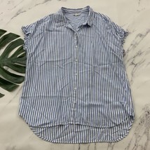 Beach Lunch Lounge Button Up Top Size L Blue White Striped Ruffle Trim - £13.40 GBP