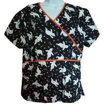 Halloween Scrub Scrubs Ghosts Boo and Candy Corn Top Ladies Medium Short Sleeve - £19.22 GBP