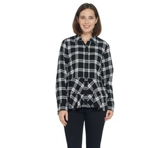 Joan Rivers Plaid Peplum Shirt with Fringe Hem White/Black Size 14, A344332 - £11.12 GBP