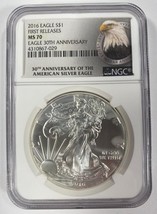 2016 Argento American Eagle Selezionato Da NGC Come MS-70 Primo Stampe 30th - $114.20