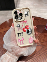 Minimalist Bowknot Cherry 777 Faux Leather Stripe Phone Case for iPhone 16 Serie - $4.34