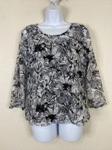 Peck &amp; Peck Womens Size L Blk/Wht Floral Lace Layered Blouse 3/4 Sleeve Stretch - £5.66 GBP