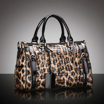 Genuine Leather Boston Handbag in Leopard Print - $150.00