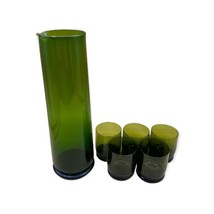 Vintage Forest Green Tall Pitcher 5 Shot Glasses Anchor Hocking Style - £34.82 GBP