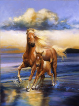 Framed Canvas Print Painting Mare Foal Horses Running Wild On Beach Oc EAN - £31.64 GBP+