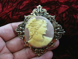 (CL34-4) Woman Facing Right Ivory + Mauve Cameo Pin Pendant Jewelry Necklace - £29.88 GBP