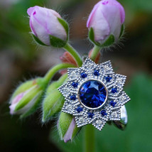 2Ct Round Cut CZ Blue Sapphire Flower Halo Engagement Ring 14K White Gold Plated - £89.90 GBP