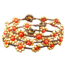 Set of 3 Sweet Flower Coral-Brass Beads Cotton Rope Bracelet - £10.55 GBP