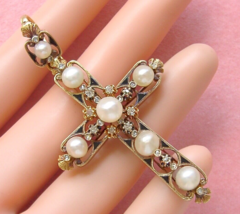 Antique Victorian .40ctw Diamond Pearl Black Enamel 18K Cross Pendant c1860 Rare - $2,761.11