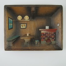 Vintage 3D Wood Carved Shadow Box Diorama Cottage Cabin Table Fireplace Japan - £39.32 GBP
