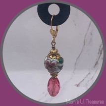Pink Crystal & White Flower Design Cloisonné Gold Tone Dangle Earrings -Handmade - $7.84