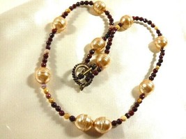Genuine Red Jasper stone &amp; pearl faux beads strand toggle clasp Necklace 20&quot; - £14.83 GBP