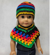 Doll Clothes Poncho &amp; Knit Hat Set Rainbow Stripe Fits American Girl &amp; 1... - $12.84