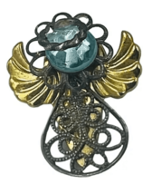 Vintage Angel Brooch Pin Signed S.E. 2002 Metal Filigree Rhinestone Gold Silver - £9.33 GBP