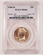 1946-D 25C Washington Quarter Graded by PCGS as MS-66 - $73.44