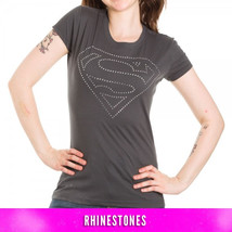 Superman Rhinestone Logo Juniors Charcoal T-Shirt - £15.84 GBP