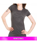 Superman Rhinestone Logo Juniors Charcoal T-Shirt - £15.66 GBP