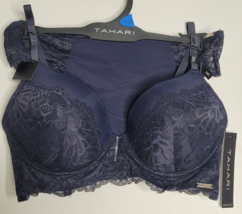 Tahari Blue Lace Bra &amp; Thong Panty Set 34C Medium Starry Night NEW - £27.48 GBP