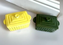 Retro 2 Mini Rectangle Shaped Yellow Green Casserole Baking Dishes Stoneware - £12.34 GBP