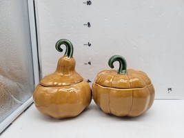 Williams Sonoma Fall Harvest Soup Bowls w lids Pumpkin Gourd Rustic Orange - $52.39 CAD