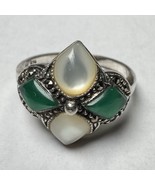 NF Sterling Silver 925 Green Onyx Mother Pearl Marcasite Ring Sz 9.5 - $738.71 MXN