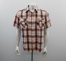 Elixir Men&#39;s Orange Blue Plaid Button Up Shirt Size Medium Short Sleeve - $150.53 MXN