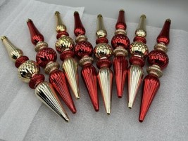Ornament Christmas Balls 8 Holiday Living Red Gold Finial Glitter Shatte... - $11.26