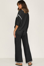 Black Contrast Trim Half Sleeve Top Drawstring Pants Loose 2pcs Sweater ... - $815.83 MXN