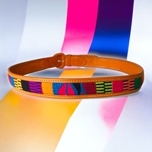 Vtg 1980s Native Guatemala Handcrafted Leather Belt Colorful Woven Textile 34in - £12.94 GBP