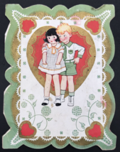VTG 1936 Green Grame Gold Heart Cute Boy &amp; Girl Valentine Greeting Card - £9.70 GBP