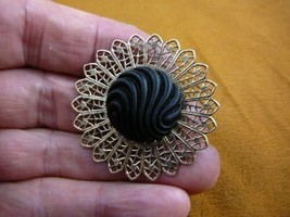 (Z18-46) black swirl wave circle textured Czech glass button round pin brooch - £15.68 GBP