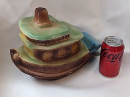 Tug Boat American Bisque Pottery Cookie Jar Stern Wheeler Paddle Green Brown - £95.17 GBP