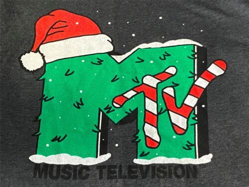 MTV Christmas T-Shirt Men&#39;s X-Large Black Wreath Santa Hat Candy Cane 2016 - $15.79