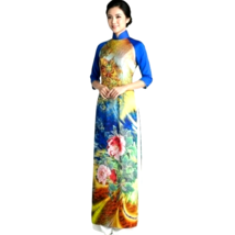 NWOT Women's Blue Multi Abstract Floral Print Vietnamese Ao Dai Size 6/M - $24.95